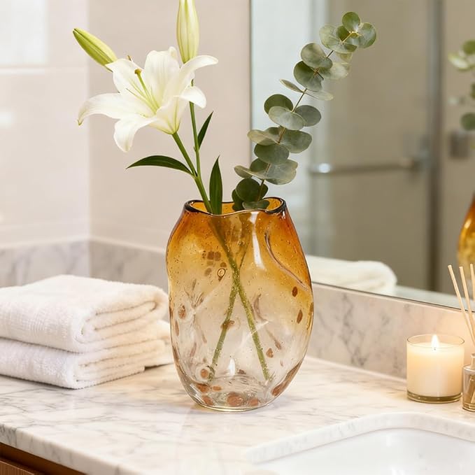 Amber Glass Vase – 9in Handmade Decorative Vase for Flowers, Modern Brown Gradient Glass Vase for Home Decor, Living Room Centerpiece, Dining Table, Entryway or Wedding Decoration