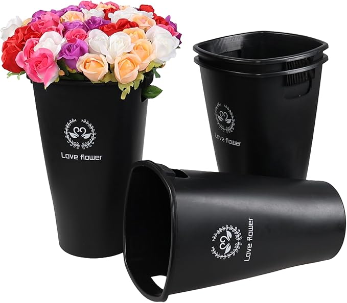 4 Pcs Plastic 15.95 inch High Flower Buckets with Cut-Out Handles, French Rustic Farmhouse for Cut Flowers, Decorative Vases