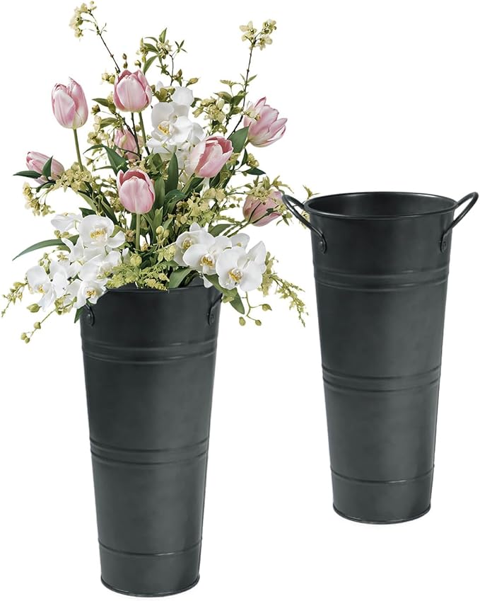 9 Inch Galvanized Metal Vases for Flowers - 2 Pcs Farmhouse Decorative Tall Flower Bucket with Handles, Rustic French Tin Planter Buckets for Wedding Decor (Galvanized Black)