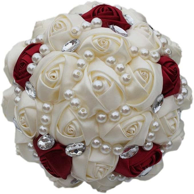 S_SSOY Customizable Romantic Wedding Bouquets Silk Flowers Bridal Holding Roses Bride Bridesmaid Bouquet with Pearl Crystal Ribbon Valentine's Day (Ivory+Wine Red)