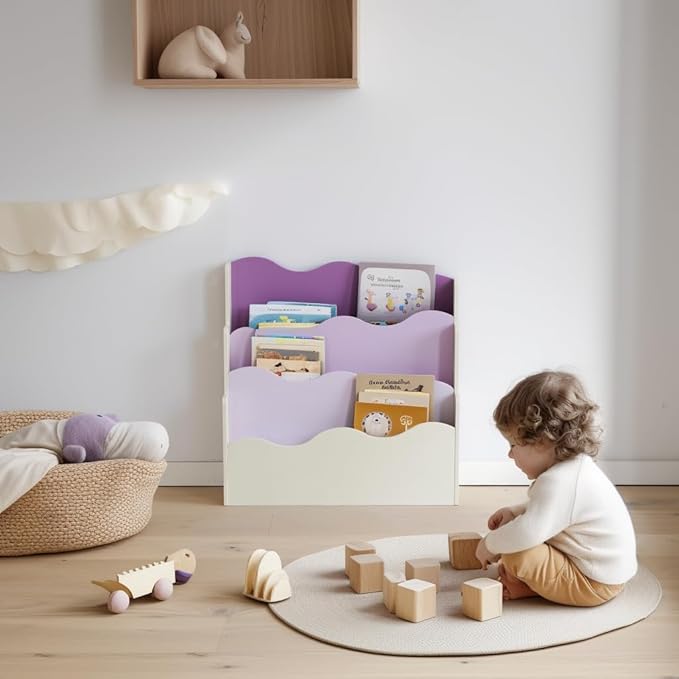 Kids Bookshelf Montessori Shelf for Toddlers, Front-Facing Book Organizer for Children, Pastel Nursery Floor Bookshelf, Wave Design Reading Corner Display Rack