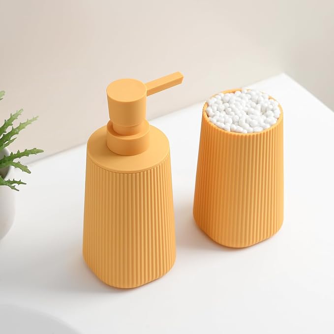 YAUKPH Bathroom Accessories Set 2 Piece Soap Dispenser and Toothbrush Holder for Bathroom Countertop Striped Yellow