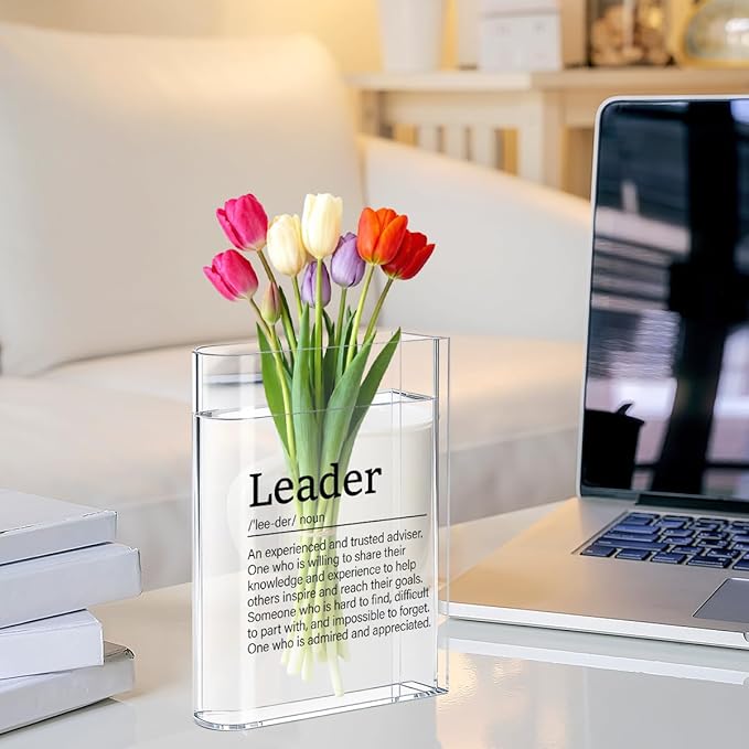 Leader Boss Bosses Day Gifts for Women Men Manager Funny Office Decor for Women Wooden Acrylic Book Flower Vase National Boss Day Decorations Gifts for Leader HR Manager Men Bookshelf Desk Decor