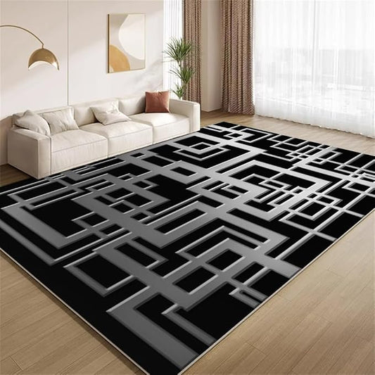 Minimalist Geometric Area Rugs, Grey Black Abstract Carpet, Washable Non Slip Low Pile Soft Rug for Living Room Bedroom Decor Mat 6x8ft