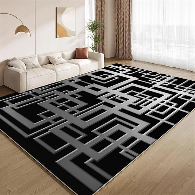 Minimalist Geometric Area Rugs, Grey Black Abstract Carpet, Washable Non Slip Low Pile Soft Rug for Living Room Bedroom Decor Mat 5x8ft