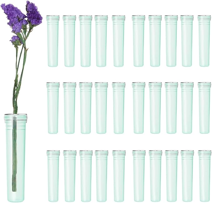 30 Pieces Floral Water Tubes 2.8 Inch Green Color Plastic Flower Vials with Caps for Flower Arrangement Decoration