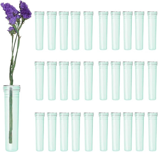 30 Pieces Floral Water Tubes 2.8 Inch Green Color Plastic Flower Vials with Caps for Flower Arrangement Decoration