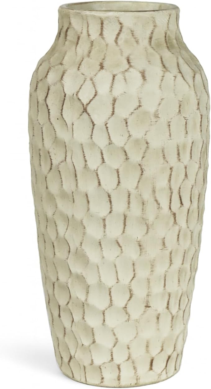Rustic Beige Ceramic Vase for Flowers, Distressed Textured Vintage Farmhouse Decorative Vase for Pampas Grass, Eucalyptus, Table Centerpiece & Fall Home Decor