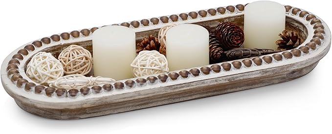 Wood Serving Tray, Wooden Bead Decorative Tray, White Washed Coffee Table Tray for Ottoman, Rustic Distressed Decor for Home, Kitchen, Farmhouse (Natural Wood)