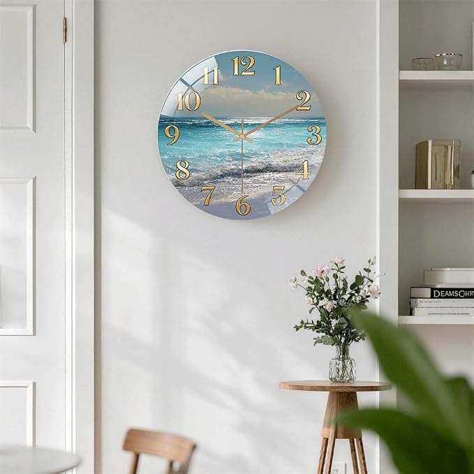 12 Inch Ocean Beach Glass Wall Clock Silent Coastal Art Decor | Silent glossy wall clock featuring a stunning ocean beach scene, perfect for adding a coastal vibe to living room or bedroom