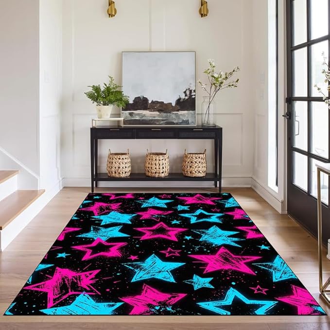 3'x5' Neon Star Area Rug Black Pink and Blue Floor Mat Abstract Star Print Rugs Washable Non-Slip Carpet for Entryway Bedroom Living Room Nursery Kitchen Playroom Home Decor