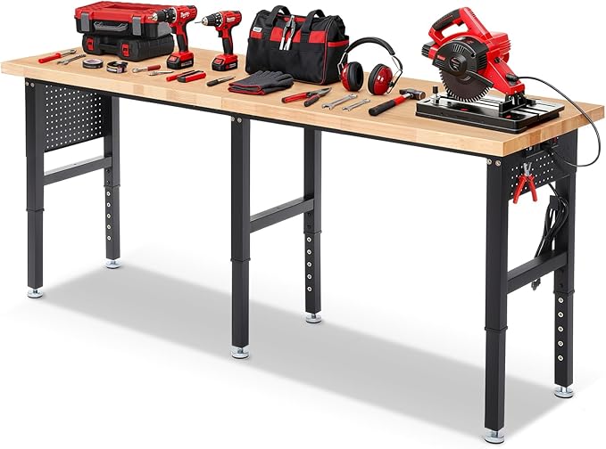 Work Bench 84 x 24 Inch Adjustable Height Rubber Wood Top Work Table 5000 Lbs Load Capacity Workstation with Power Outlets & Extended Pegboard for Garage, Workshop, Home, Office