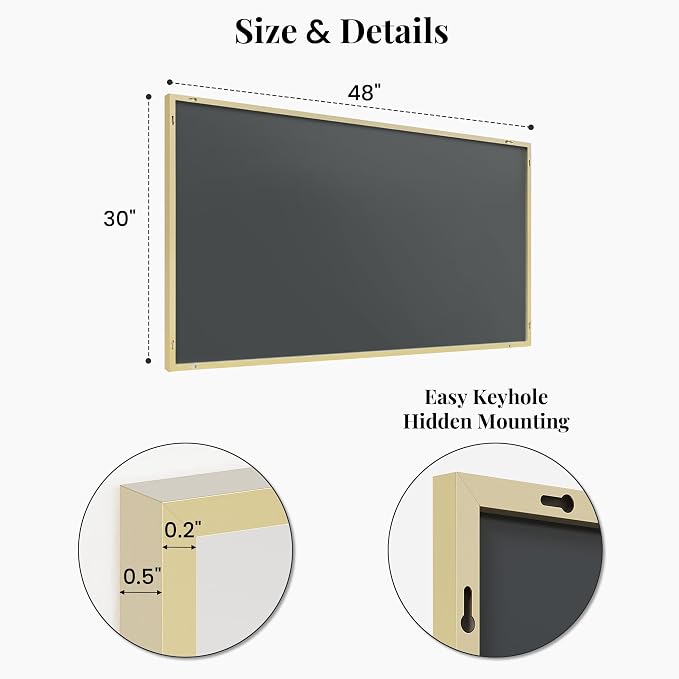 48"x30" Gold Landscape Bathroom Mirror for 48-60 inch Vanity | Shatterproof Tempered Glass, Narrow Metal Frame, Ultra-Flush Mount
