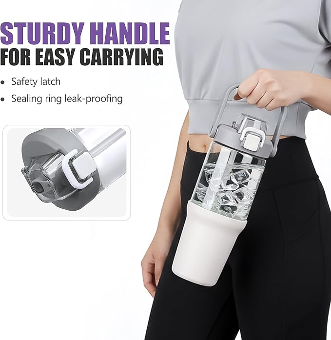 Glass Tumbler with Carry Handle, Clear Glass Water Bottle with Leakproof Lid, Spout Lid&Straw, BPA-Free, 32 oz, White
