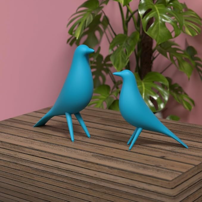 Mid Century Modern Retro Style Bird Family Decor Vintage Look Figurines 1960s 50s MCM Midmod Set of 2 Office Decoration Home Living room Gift (Teal)