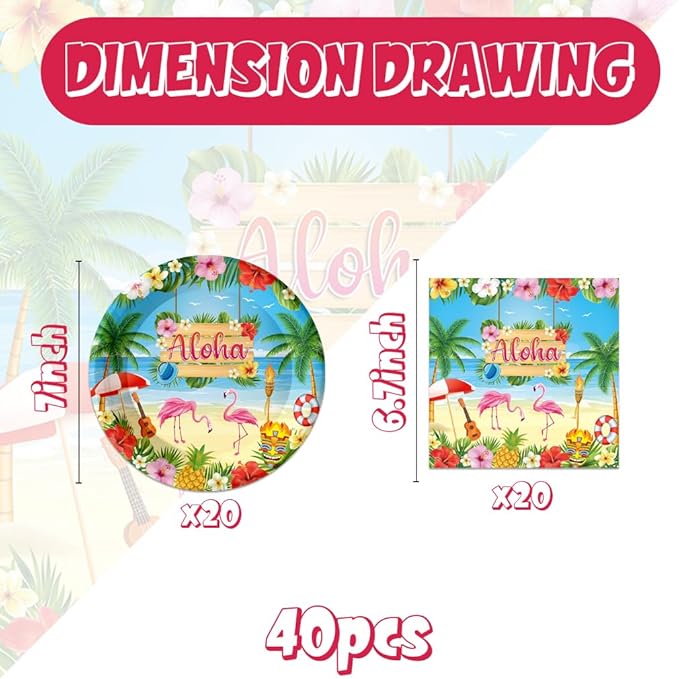 Hawaiian Luau Party Decorations Aloha Birthday Plates and Napkins Supplies 40Pcs Tropical Luau Party Decorations for Birthday Baby Shower Decor