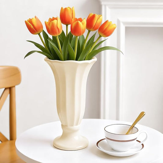 10 Inch Minimalist Fluted Ceramic Vase for Flowers, Farmhouse Cream White Flower Vase with Pedestal Base, Tall Decorative Vases for Home Decor, Living Room, Dining Table, Centerpiece, Wedding