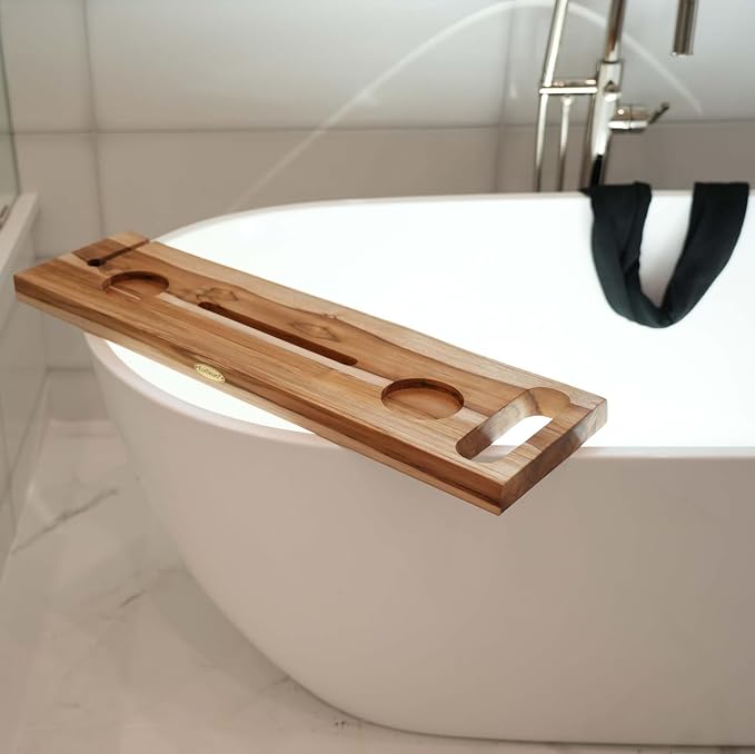 EcoDecors Eleganto 30" Live Edge Solid Teak Bath Caddy Tray with Handle, Book & Tablet Holder, Wine Glass Holders, Luxury Bathtub Tray