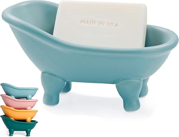 1 Piece 5.6" Colorful Ceramic Mini Clawfoot Bathtub Soap Dish Decortative Soap Dish Small Planter Makeup Organizer Container Hamster Bathtub(Blue)