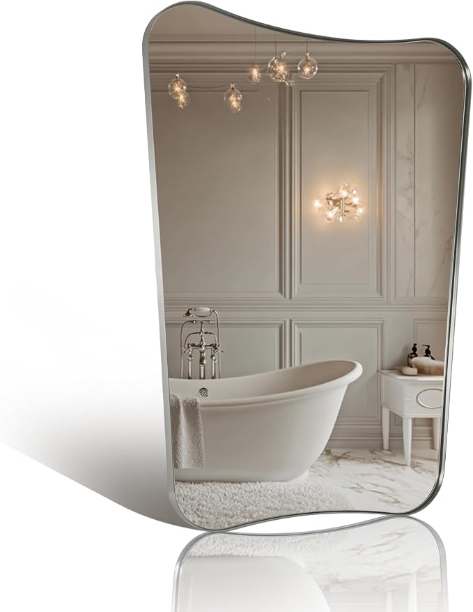 ANDY STAR Brushed Nickel Bathroom Mirror, 24x36 Inch Scalloped Mirror for Bathroom, Modern Irregular Shaped Mirror with Rust-Proof Stainless Steel Thin Frame, Ideal for Bathroom Remodel
