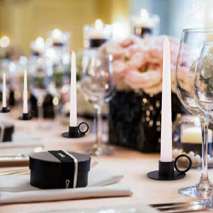 4PCS Black Taper Candle Holders with Round Handle, Matte Iron Candlestick Holders Centerpieces for Home Decoration, Wedding Anniversary, Party, Housewarming Gifts.