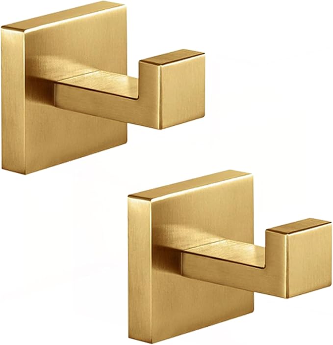 Kruodop 2 PCS Towel Hooks for Bathroom, Wall Mount Towel Holder, Black Matte Wall Robe Hook,Square Stainless Steel Door Hanger Towel Hook for Kitchen, Bedroom,Hotel,Pool,Coats（Gold）