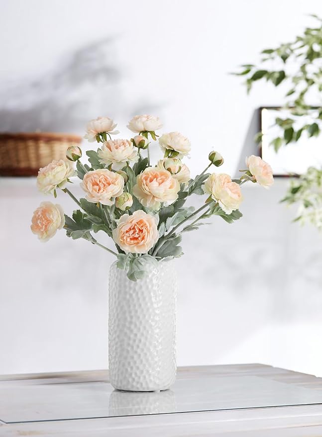 IPOPU Champagne Fake Peonies Artificial Ranunculus Flowers 6pcs 18Heads Champagne Silk Flowers 20.47" Artificial Flowers Bulk for Faux Floral Arrangements Home Table Decor