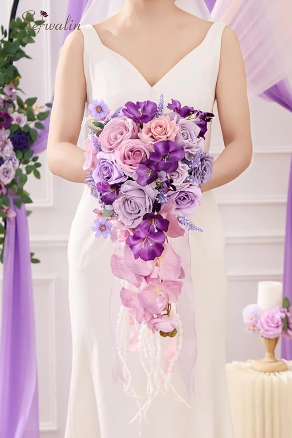 Serwalin 11 Inch Wedding Bouquets for Bride Bridesmaid, Purple Bridal Bouquets for Bride, Artificial Bouquets of Flowers for Wedding Ceremony Bridal Shower and Anniversary Day Decor