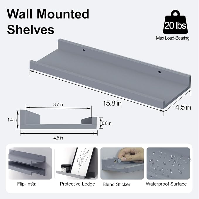 Floating Shelves for Wall Decor, Wall Mounted Wood Storage Shelf for Bedroom, Living Room, Bathroom, Kitchen, Nursery, Display Picture Ledge Shelf with Lip Set of 2-16 Inches, Grey