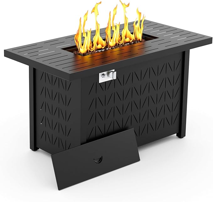43" Rectangular Propane Fire Pit for Outside Patio 2 in 1, 50,000 BTU Fireplaces with Lid, Glass Rocks, Cover