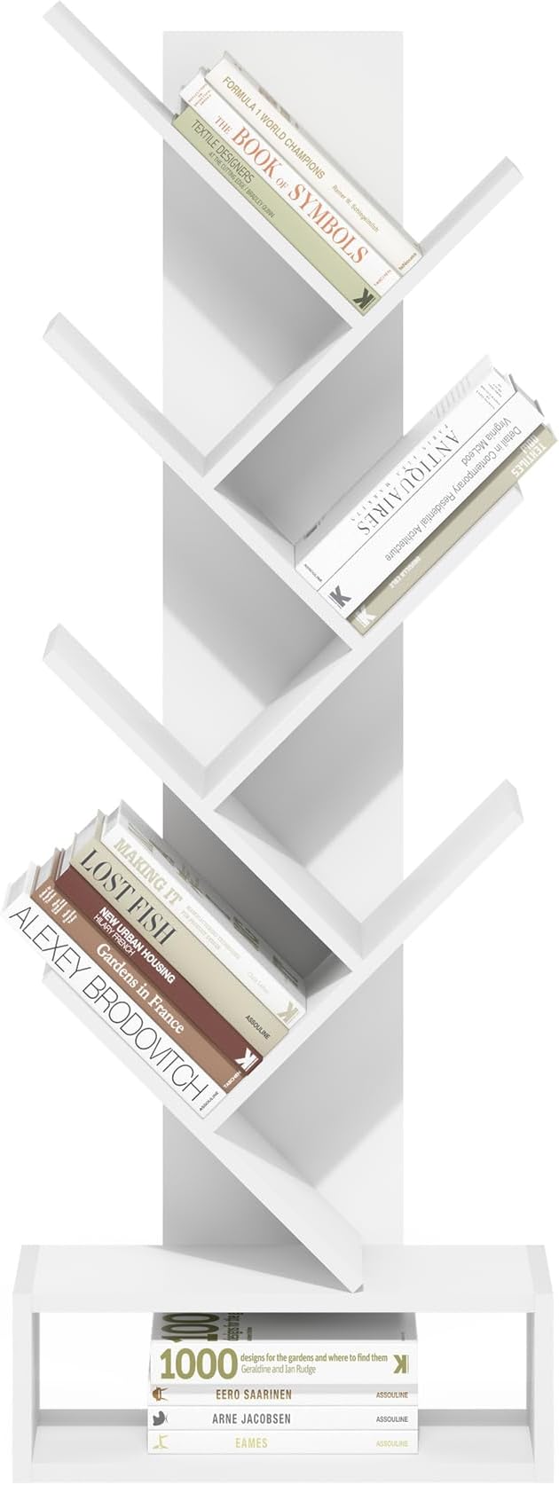 Furinno Tree Book Shelf, 7-Tier Bookshelf, Tree Bookcase with Bottom Shelf, 8.4 x 16.9 x 46.2, for Living Room, Bedroom, Home Office, White