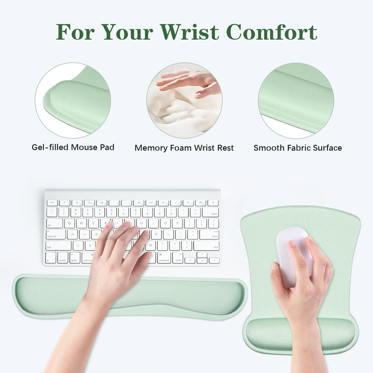 Skiennix Ergonomic Wrist Rest Set - Comfortable Memory Foam Keyboard Pad & Soft Gel Mouse Pad | Green