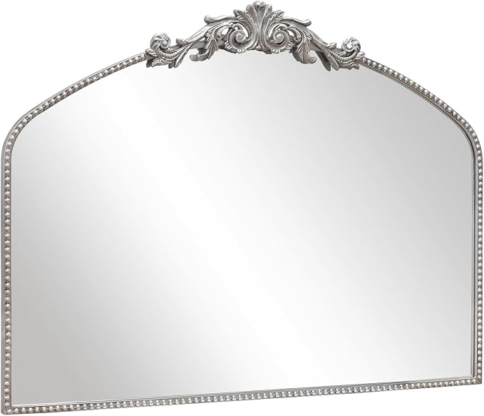 Antique Silver Arch Wall Mirror, 40"x30" Vintage Mantel Mirror with Ornate Metal Frame, Baroque Home Decor for Fireplace/Entryway/Bathroom/Living Room/Hallway