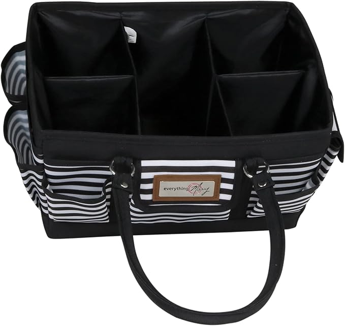 Everything Mary Deluxe Store & Tote Organizer – Black & White Stripe Craft Tote with Handle – Sewing, Scrapbooking & Art Supply Caddy for Creative Project Storage