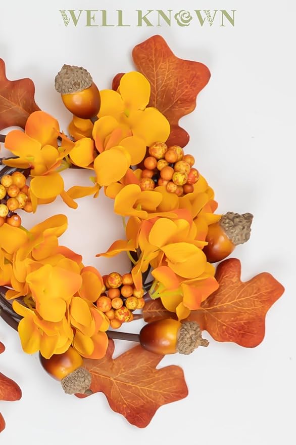 2 Pcs Mini Orange Acorn & Berry Candle Rings Wreaths for Pillars Home Table Window Decor, 9" Artificial Hydrangea Flower Cabinet Wreath for Fall Winter Kitchen Farmhouse Wedding Christmas Party Gift