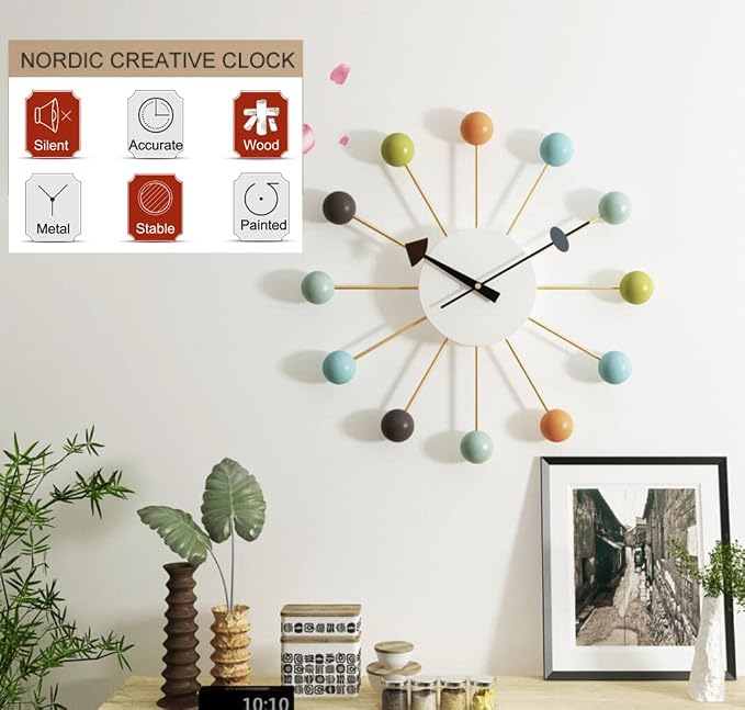 SHISEDECO Mid Century Quartz Wall Ball Clock Multicolor Large Size, Decorative Modern Silent Creative Fashion Hanging Decoration for Home, Kitchen, Living Room, Office, Bedroom etc.