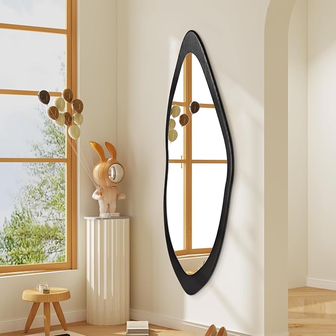 AAZZKANG Irregular Wall Mirror Full Length Large with Wood Framed 47"x16" Black Asymmetrical Full Body Mirrors for Bedroom Living Room Entryway