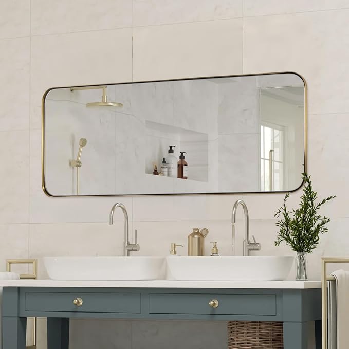 ANDY STAR 18" x 48" Full Length Wall Mirror, Large Brushed Gold Mirror for Bathroom, Rounded Corner Rectangle Body Mirror for Floor and Leaning