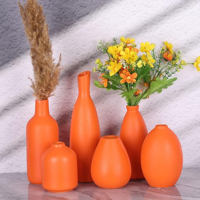 Orange Ceramic Bud Vases Set of 6, Farmhouse Decor, Fireplace Decor, Mantle & Shelf Decor, Home Decoration for Living Room, Entrance, Bathroom, Kitchen & Office, Coffee Table Decor, Bud vases in Bulk