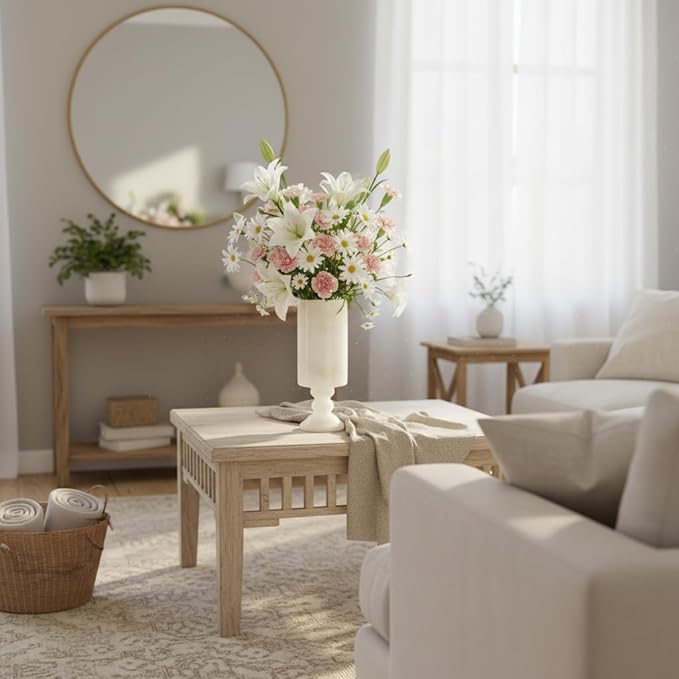 White Vase Real Marble for Home Centerpiece for Dining Table, 10 inch Stone Flower Vase or Desk Décor for Bouquet and Pampas Grass, French Boho Style