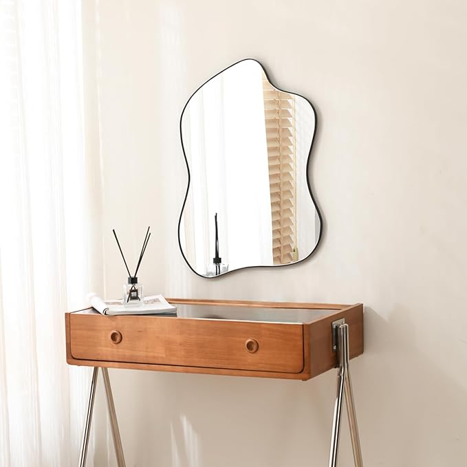 Irregular Wall Mirror Black Wave Shaped Metal Framed Wall Mirror for Bathroom Bedroom Entryway Living Room Wall Decor 28" L x 20" W 2304B