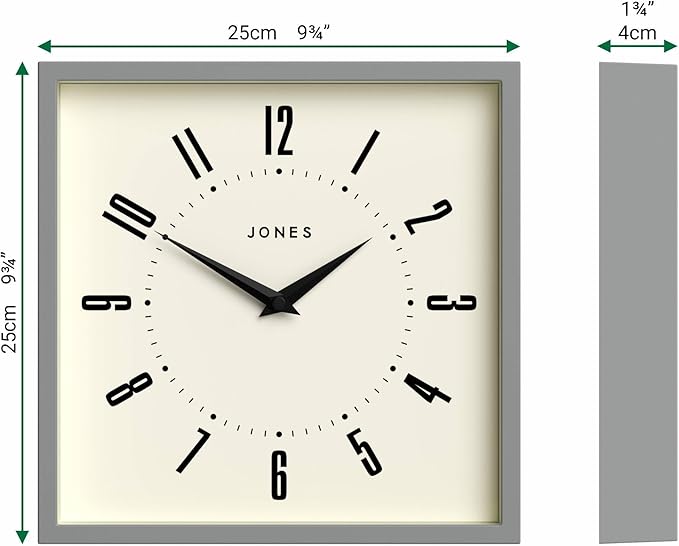 JONES CLOCKS® Box wall Clock | Retro Square | 10 inch | Gray | Easy to Read Numbers | Perfect Kitchen or Office Clock