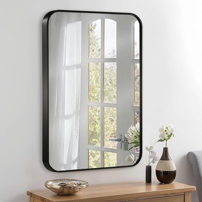20x30 Inch Black Wall Mirror for Bathroom, Brushed Metal Framed Mirror with Rounded Corner, Rectangle Bathroom Vanity Mirror for Bedroom or Living Room, Horizontal/Vertical