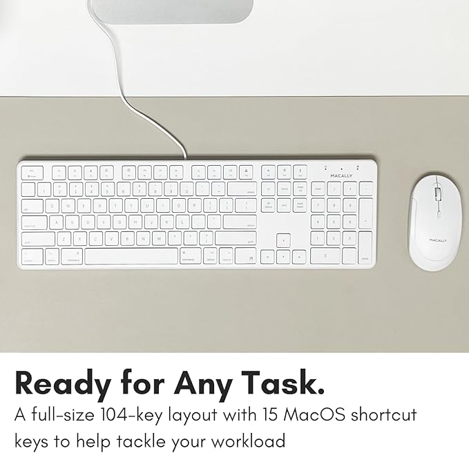 Macally Slim USB Wired Keyboard for Mac and Windows PC - Full Size 104 Key Layout & 16 Shortcut Keys - Scissor Keycaps for Smooth Typing - Mac Wired Keyboard with Numeric Keypad
