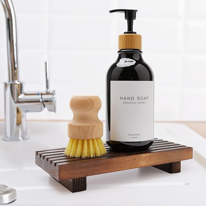 Renawe Small Kitchen Sink Soap Tray for Counter Soap Dish Dispenser Holder Wooden Risers Stand for Bathroom Decor Farmhouse Wood Pedestal Kitchen Accessories Countertop Vanity Counter Decorative Tray