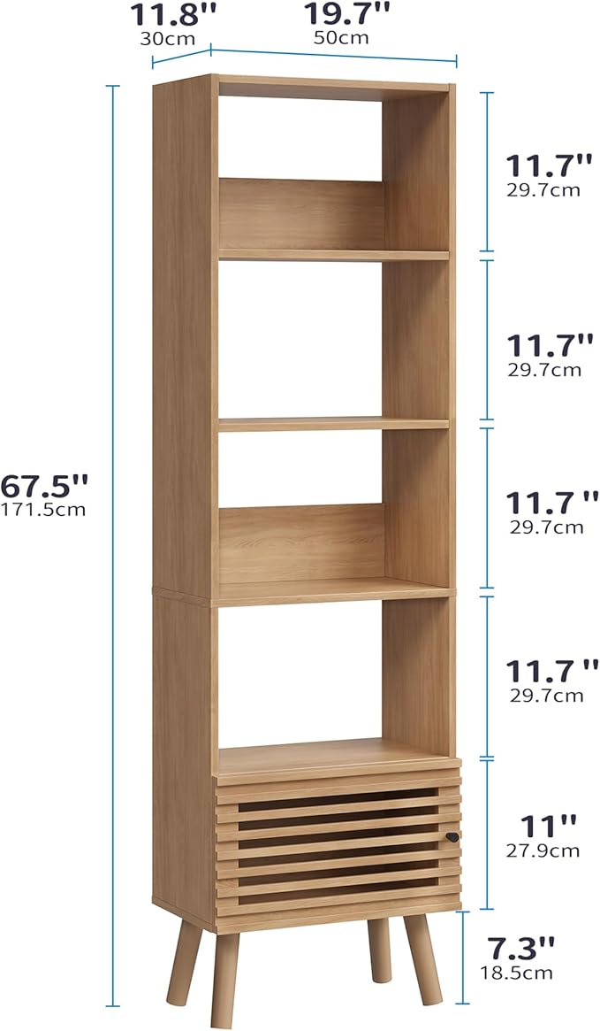 Open Shelf Cube Bookcase, 68" Tall Freestanding Bookshelf, Slatted Door Narrow Corner Bookcase with 5 Cubes, Mid-Century Modern Display Storage Cabinet for Living Room, Home Office, Oak