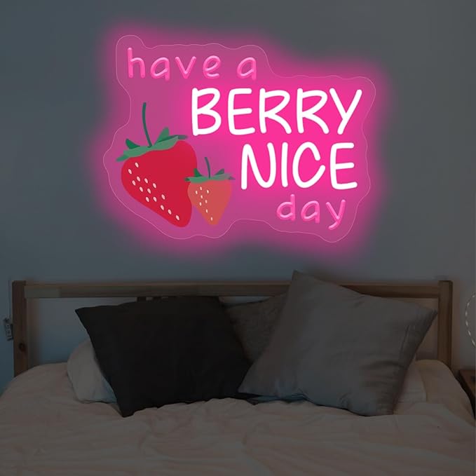 Have A Berry Nice Day Neon Sign, Aesthetic Wall Art, Light up My Happy Place Sign for Encouraging Light, Vintage Strawberry Decor, Pink Led Light for Bedroom, Club, Gifts For Birthday, Christmas Party