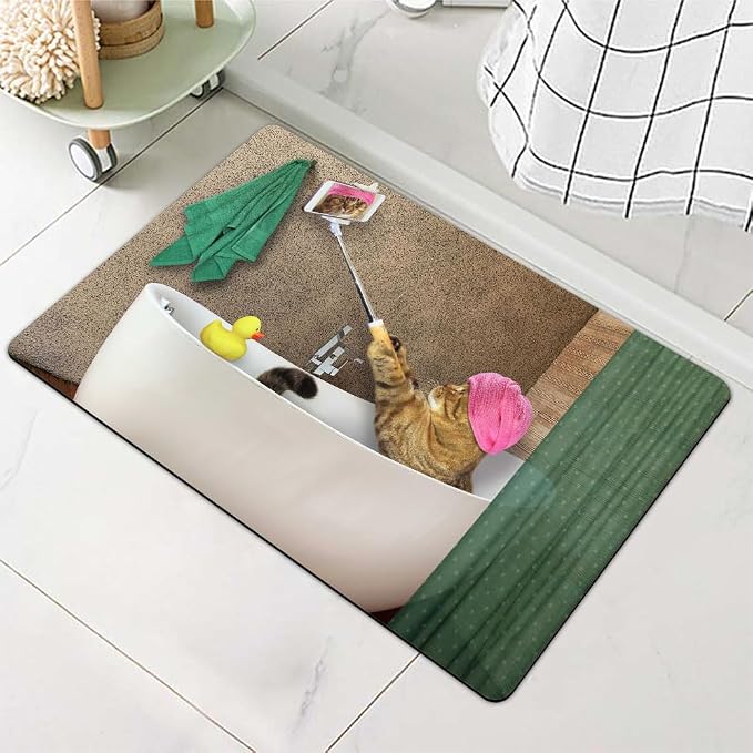 Diatomaceous Earth Bath Mat,Cat is Taking a Bath with a Selfie Non-Slip Volume Super Absorbent Fast Drying for Bathroom Kitchen Door mat,Eco-Friendly Easy to Clean 17×27.5Inch (43 * 70cm)