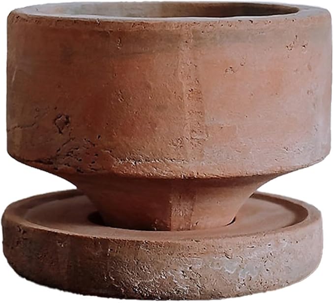 6" Rustic Weathered Terracotta Plant Pot with Saucer, Breathable Clay Planter, Mid-Century Modern Home & Garden Decor