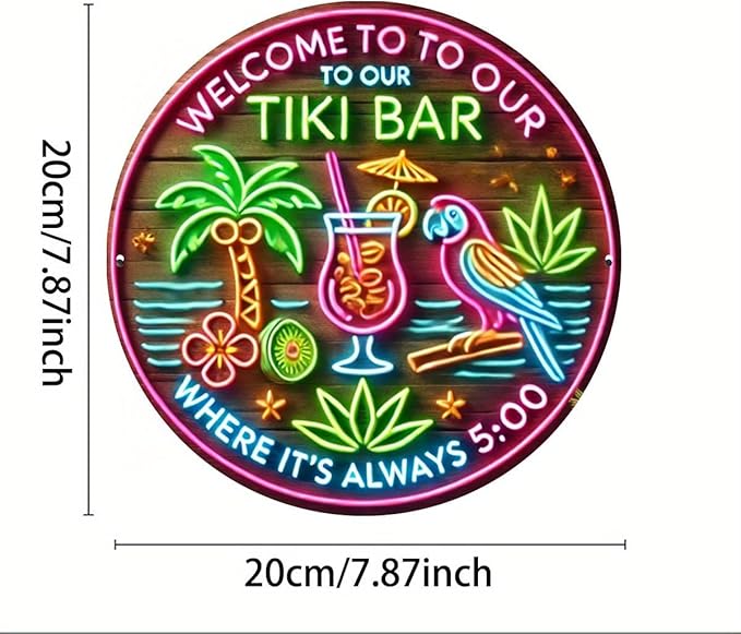 Welcome to Our Tiki Bar" Round Aluminum Sign - 8x8 Inches, UV & Scratch Resistant, Easy Hang for Indoor/Outdoor Decor